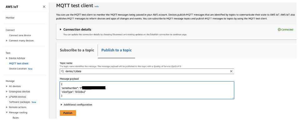 Figure 15 AWS IoT Core MQTT test client double-click - Publish to a topic